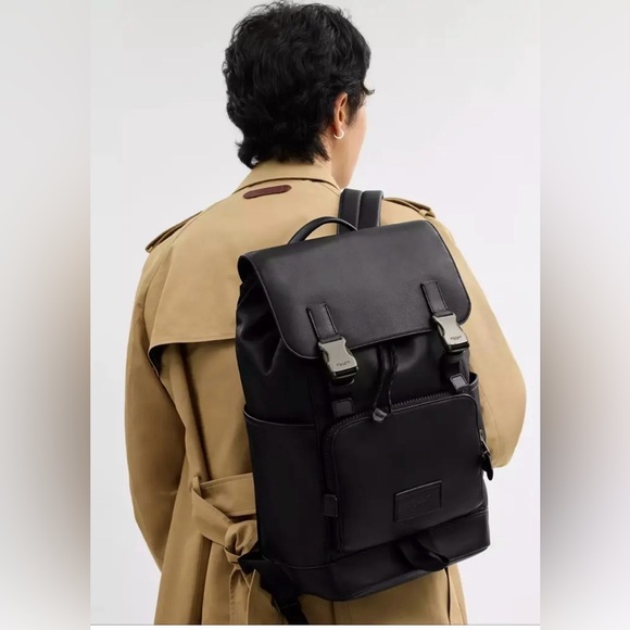 COACH Men's League Flap Backpack in Smooth Black Calf Leather